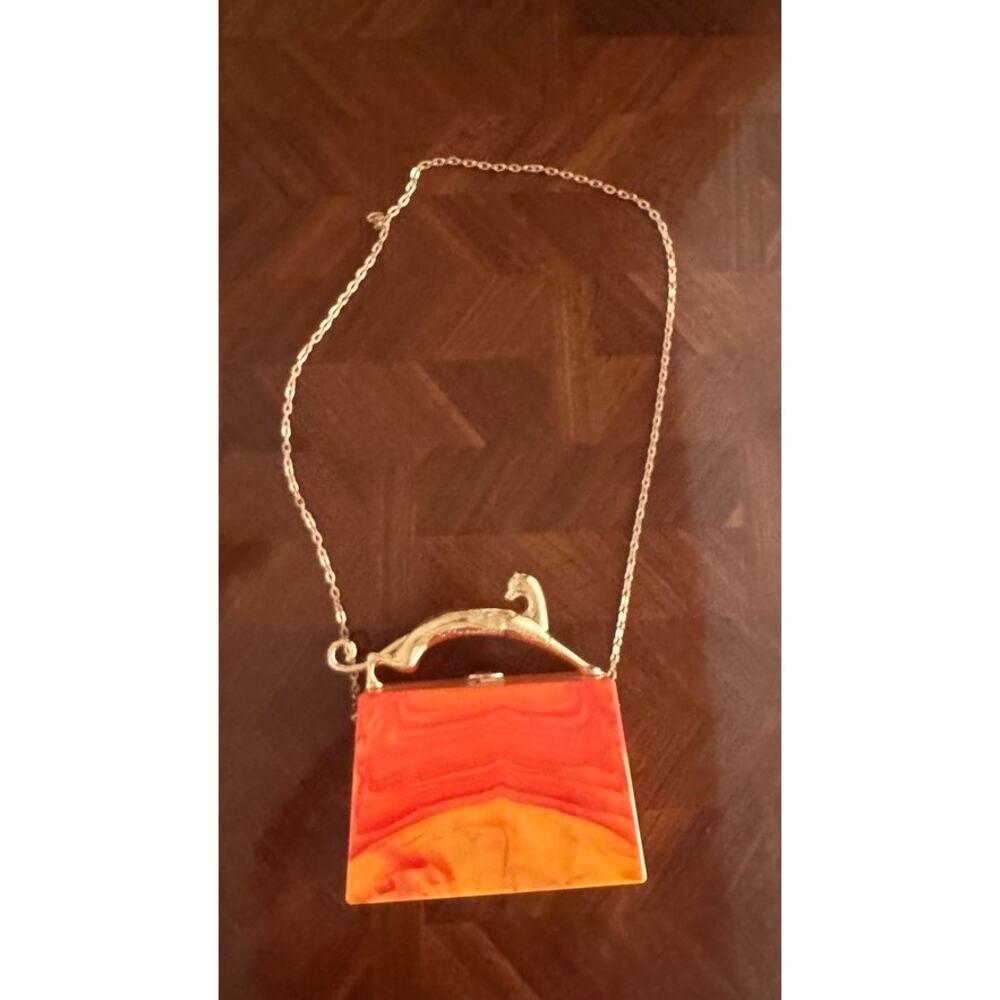 Orange Marbled Panther Handle Box Clutch Minaudiere Chain Purse - Picture 3 of 12